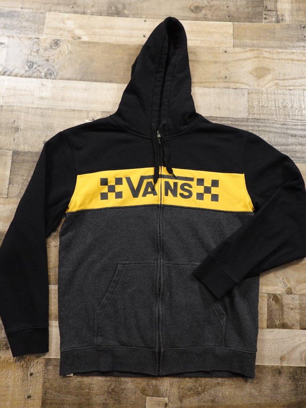 Vans Full Zip Hoodie Men’s Large Black Yellow Checkerboard Skate Streetwear